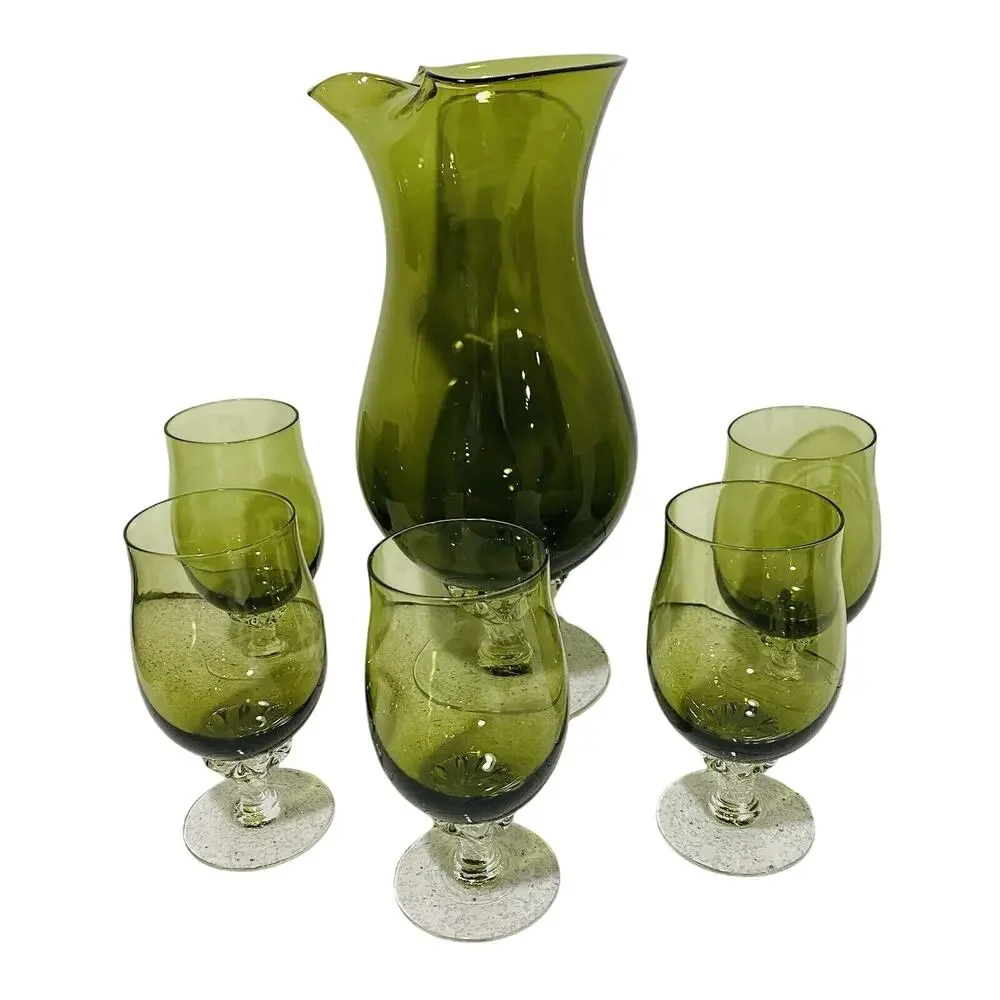 Vintage Sasaki Cocktail Set Green Art Glass Pitcher Decanter & 5 Wine Glasses